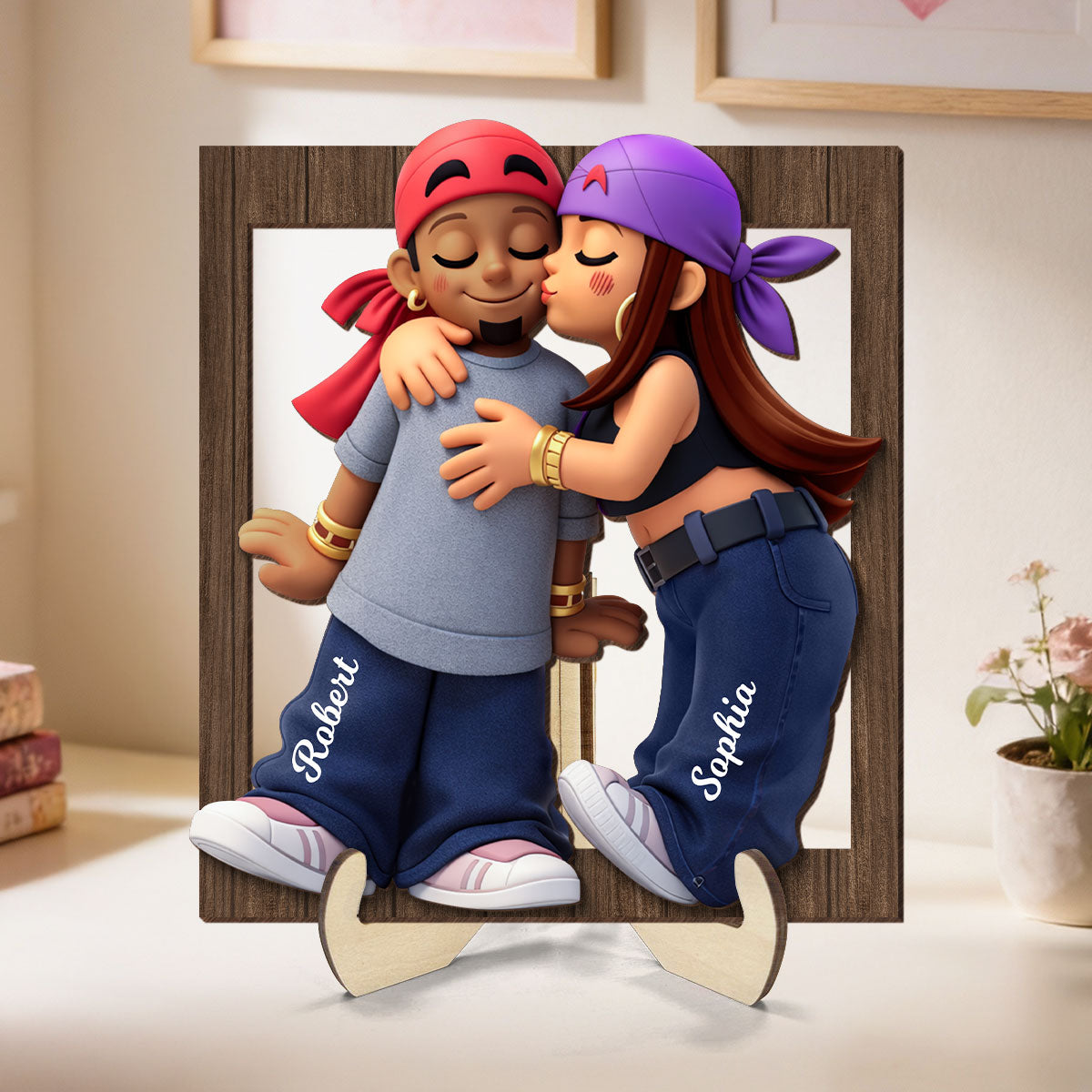 Y2K Couple Kissing - Personalized 2-Layered Wooden Plaque - Gift for Couple, for Him, for Her
