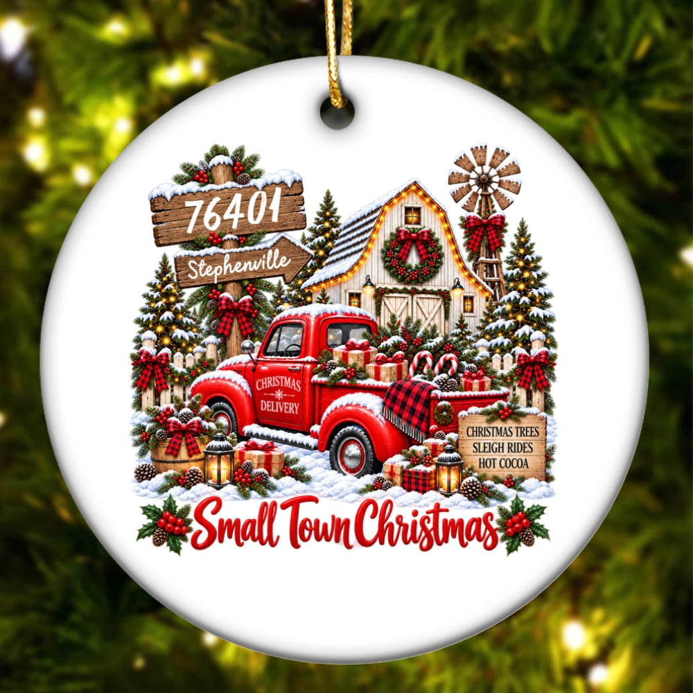 Custom Zip Code Small Town Christmas - Personalized Ceramic Ornament - Trendy Christmas Holiday Tee, Town Pride