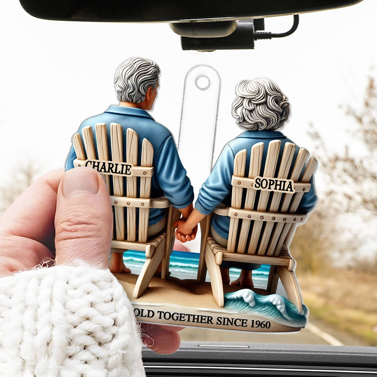 3D Effect Old Couple Sitting On The Beach Growing Old Together Since Personalized Car Hanger Ornament, Heartfelt Gift For Couple, For Him, For Her, Husband, Wife