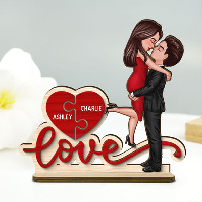 Couple Hugging Kissing Love Missing Piece Personalized 2-Layer Standing Wooden Plaque,  Gift For Him or Her