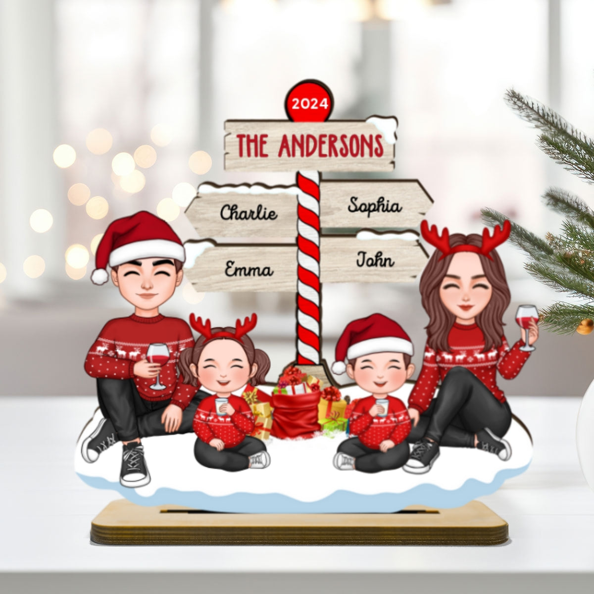 Cute Family Dad Mom Kids Sitting Christmas North Pole Personalized 2-Layer Standing Wooden Plaque