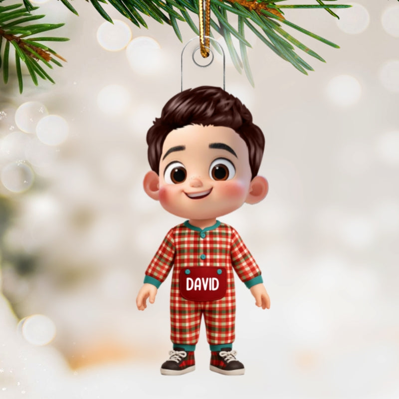 Cute Kids Pajama Personalized Christmas Ornaments, Christmas Gift for Kids, Grandkids, Plaid pajamas