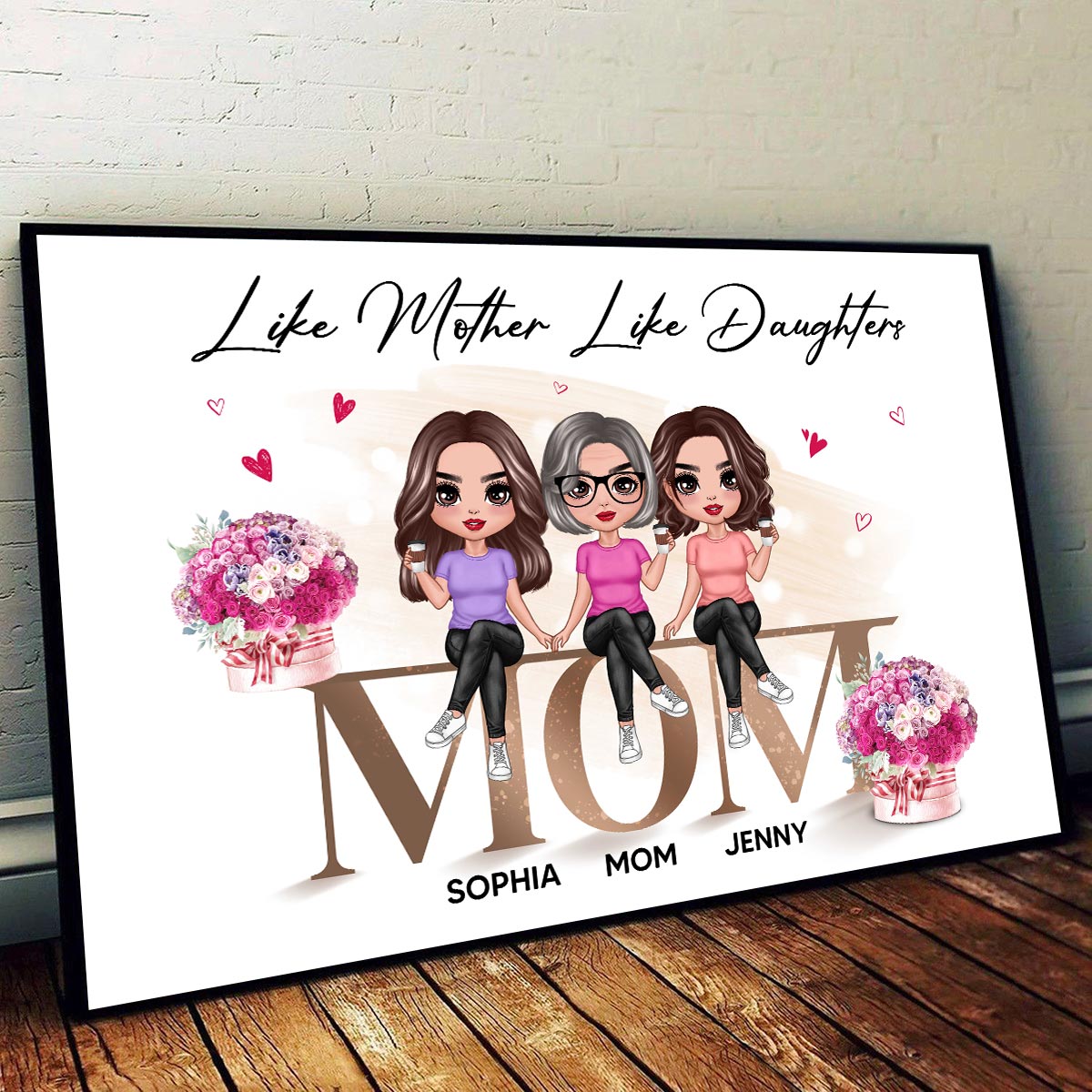 Doll Mom And Daughters Sitting On Word Personalized Horizontal Poster