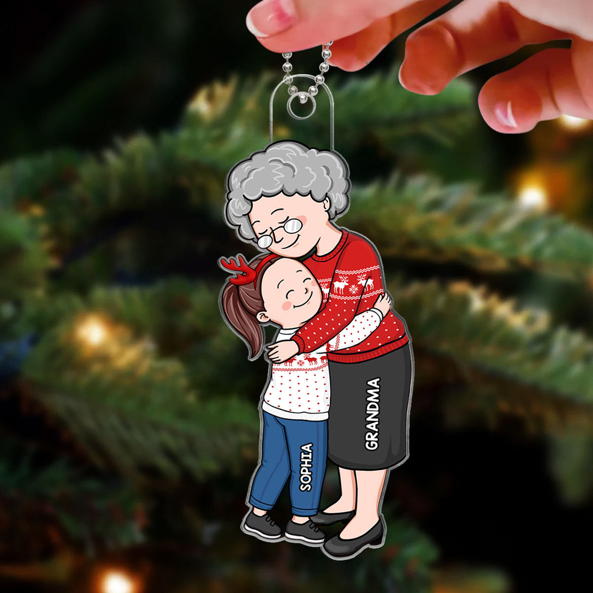 Simple Cartoon Grandma & Grandkid Hugging Christmas Gift For Granddaughter Grandson Personalized Acrylic Ornament