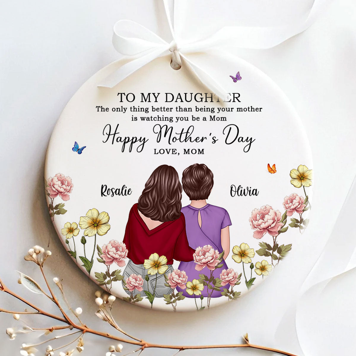 To My Daughter From Mom In Birth Month Flower Garden Personalized Circle Ceramic Ornament, Mother's Day gift