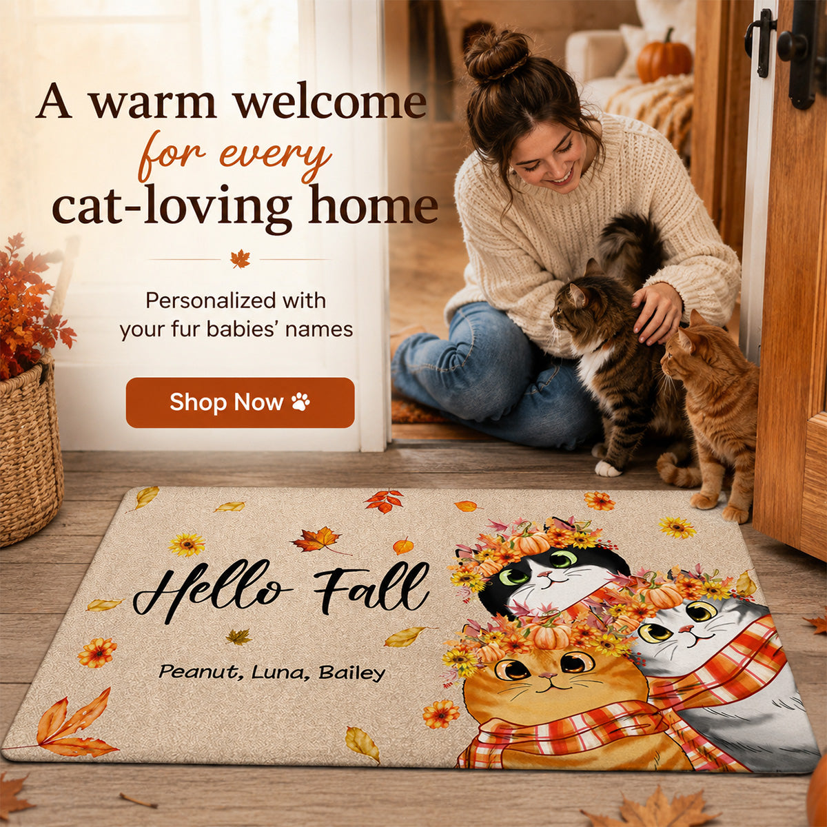 Hello Fall Cute Fluffy Cat - Personalized Doormat - Fall Season Decor For Cat Lover