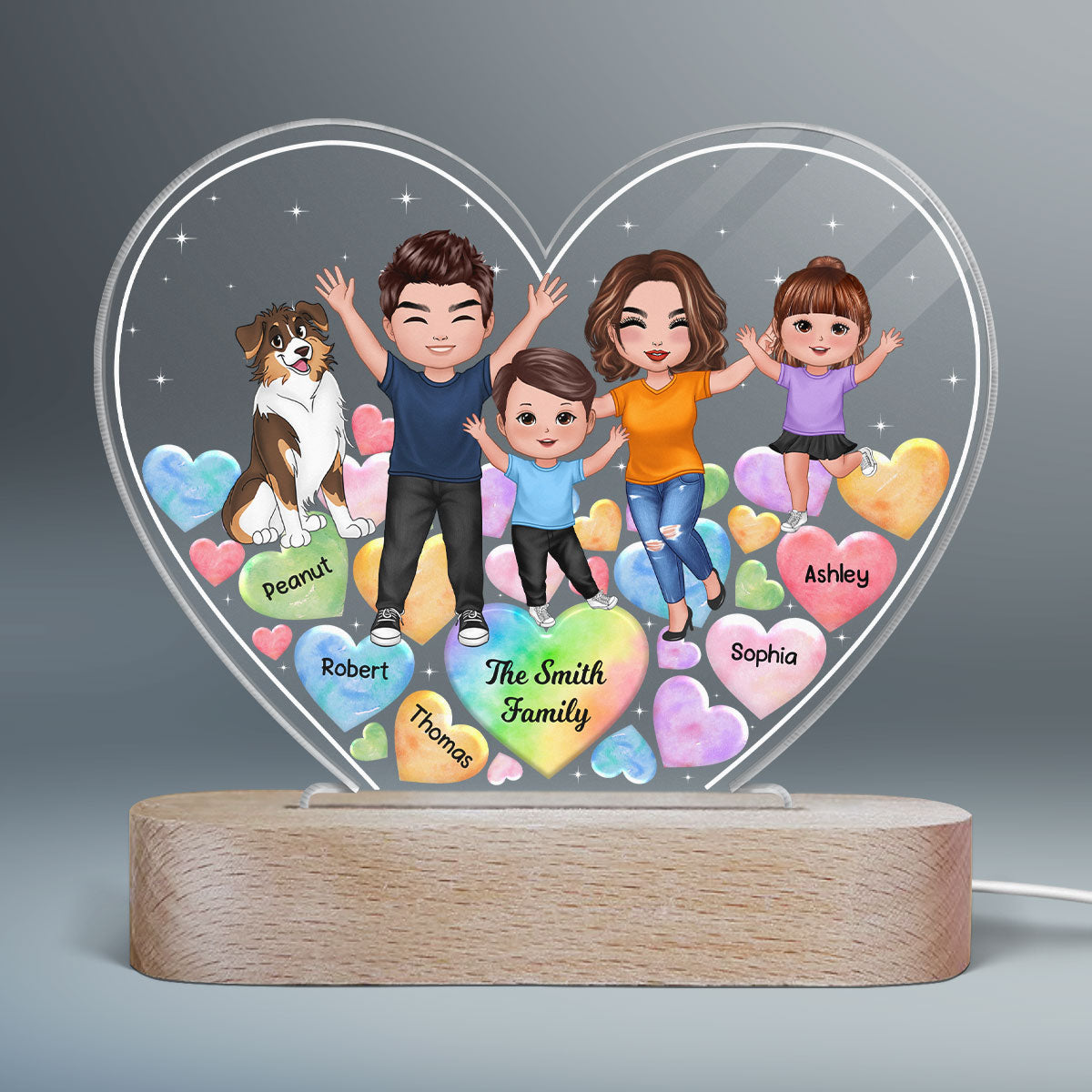 Happy Doll Family Hearts In Heart Personalized Heart Acrylic LED Night Light