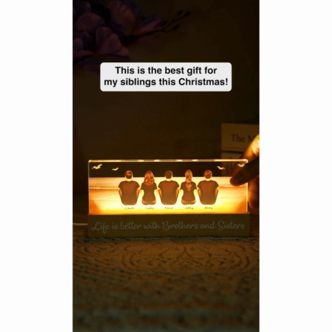 Beach Landscape Brothers & Sisters Sitting Personalized Acrylic Block LED Night Light, Unique Christmas Gift For Siblings