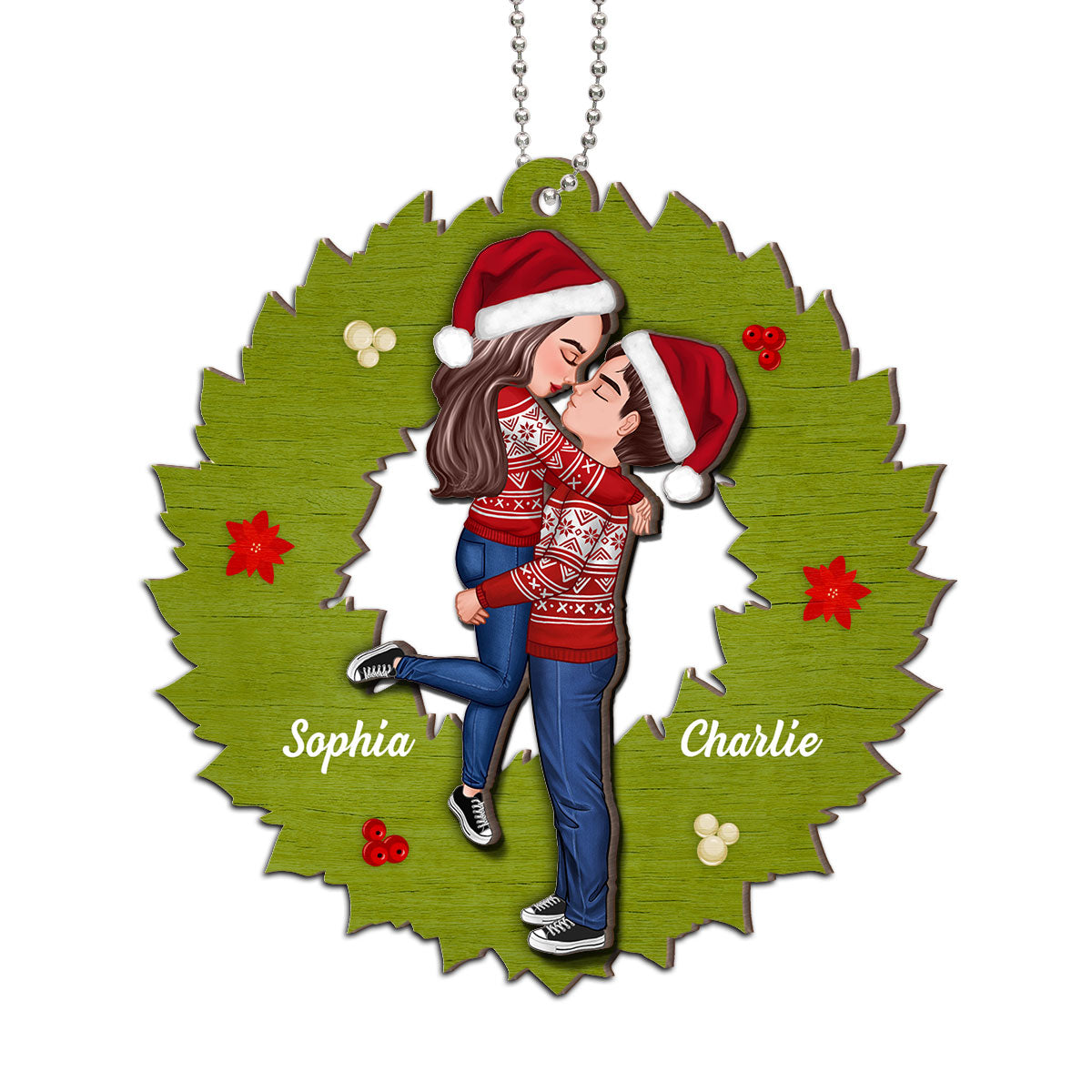 Wreath Christmas Couple Kissing Personalized 2-Layer Wooden Ornament
