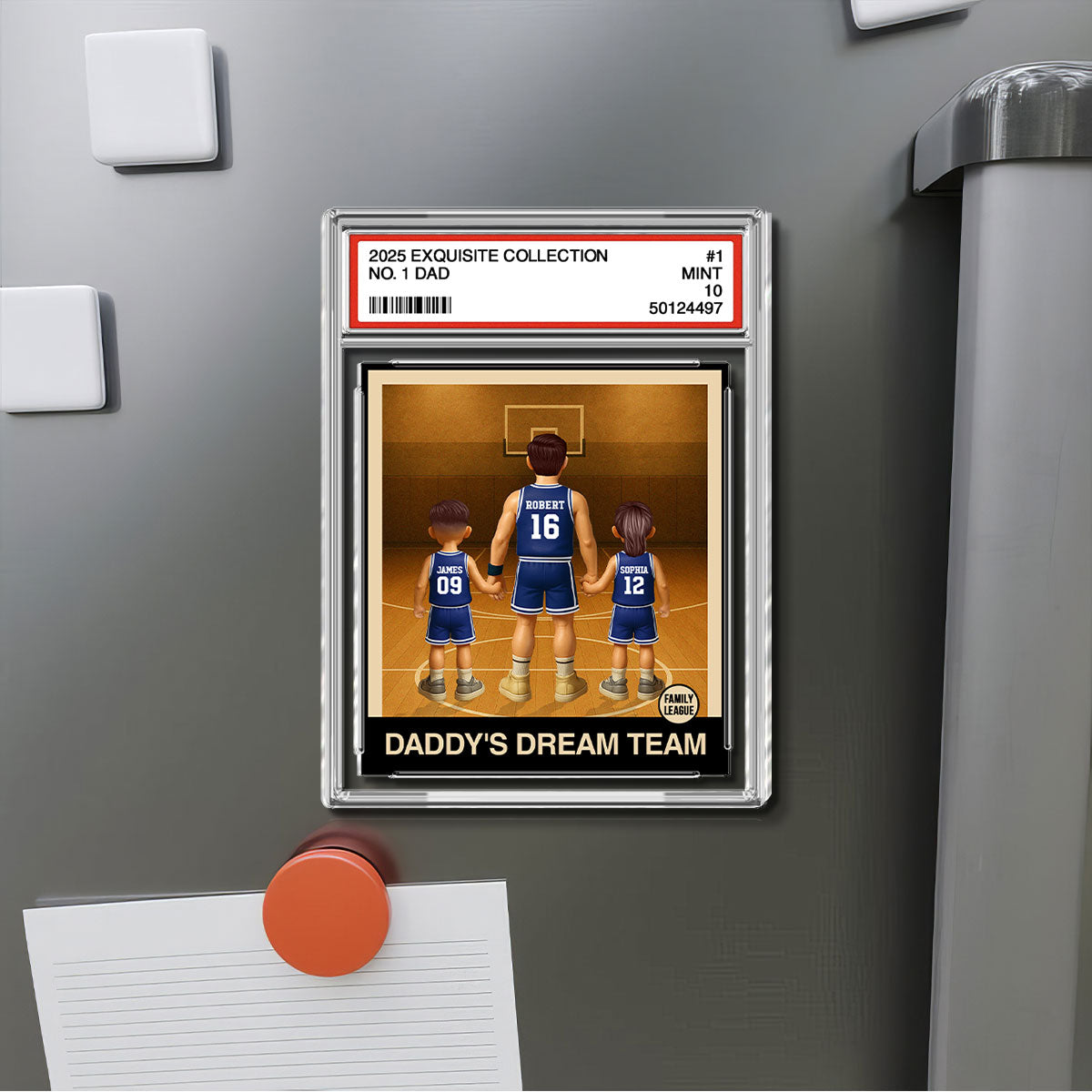 Basketball No. 1 Dad Man & Kids Trading Card Style Personalized Acrylic Fridge Magnet