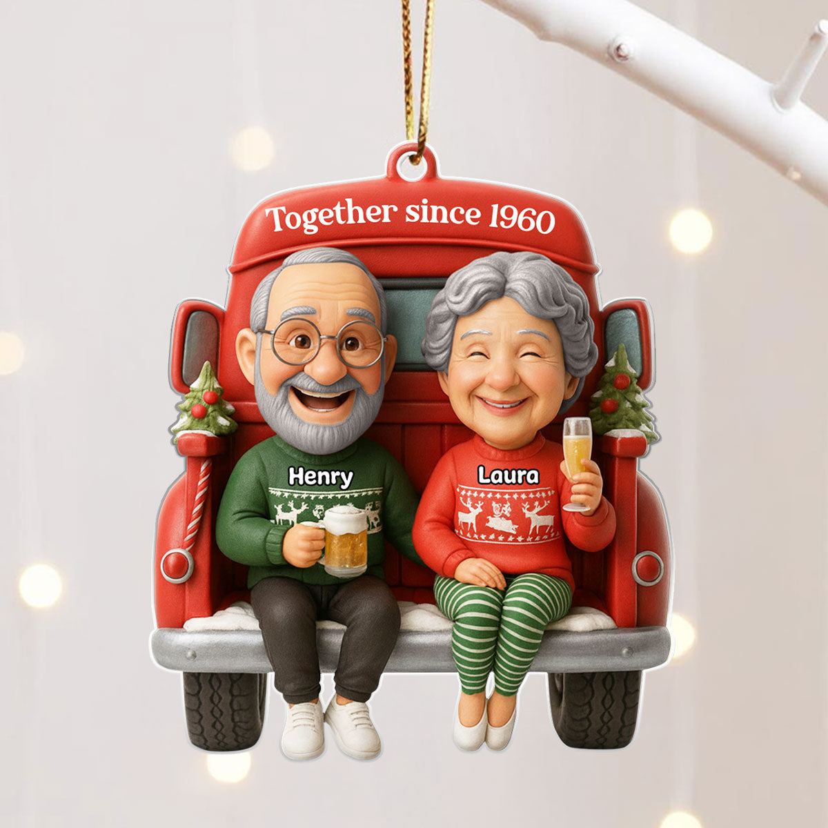 Old Couple Sitting on Christmas Truck - Personalized Acrylic Ornament - Christmas Gift for him, Gift for her