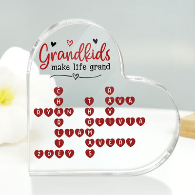 Grandkids Make Life Grand Heartfelt Crossword Puzzle Art Gift For Grandma Personalized Heart Acrylic Block Plaque