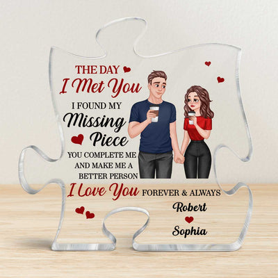 Cartoon Couple Hand In Hand Found My Missing Piece Personalized Puzzle Acrylic Plaque - Anniversary Gift For Him For Her