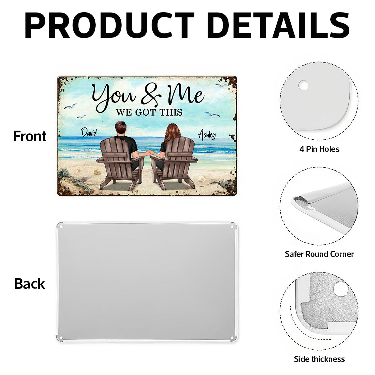 Back View Couple Sitting Beach Landscape Personalized Metal Sign