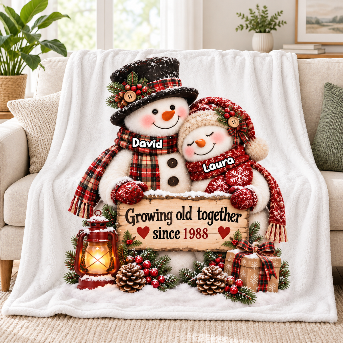Snowman Couple Hugging Growing Old Together - Personalized Fleece Blanket - Heartfelt Christmas Gift for Her, for Him