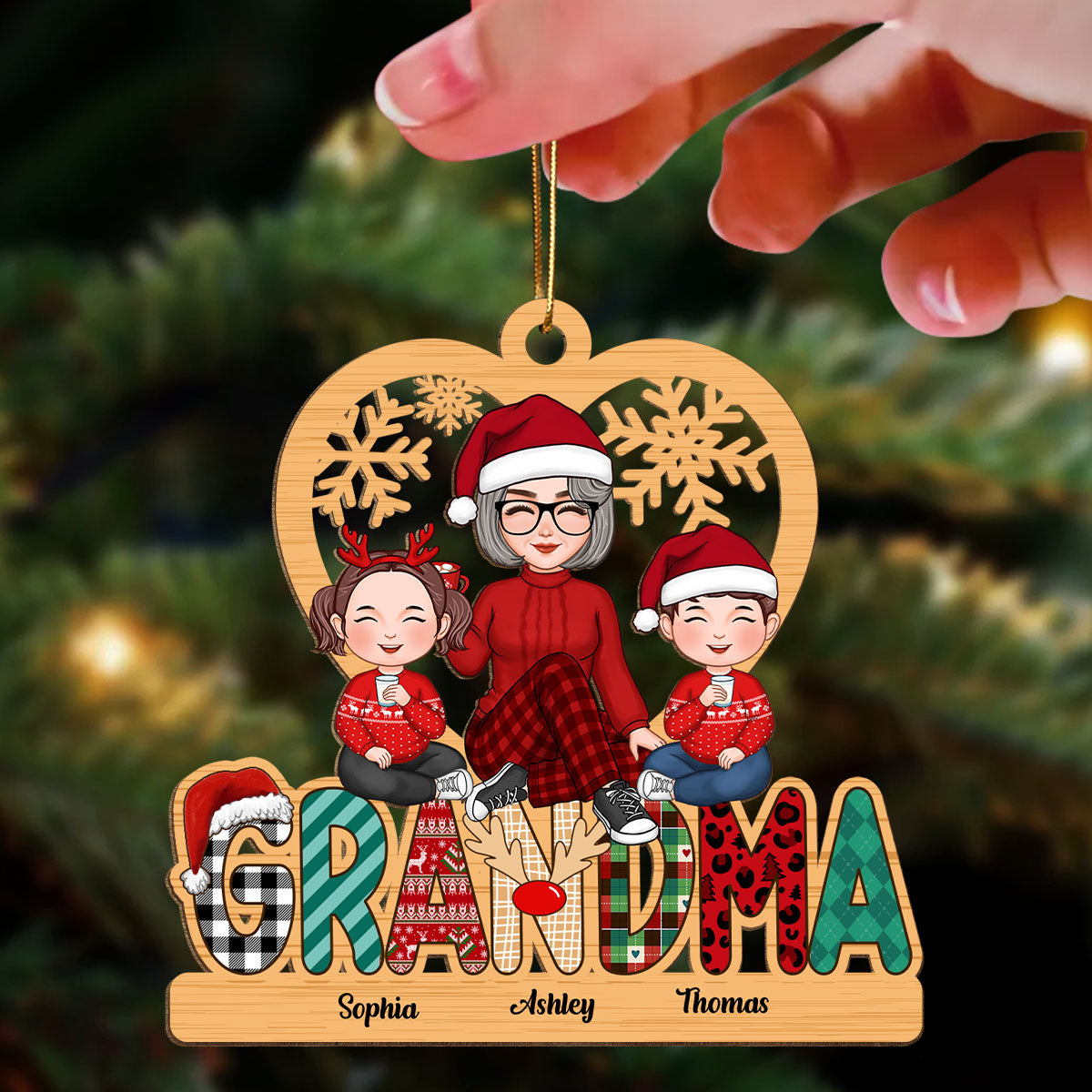Grandma Claus Christmas Pattern Personalized Wooden Ornament