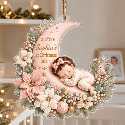 First Christmas Baby Boy Girl on Floral Moon - Personalized Acrylic Ornament - Christmas Gift for New Mom, Dad