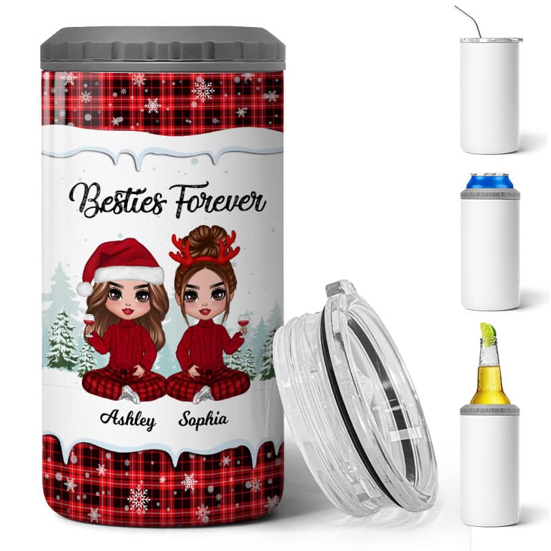 Checkered Pattern Besties Sisters Personalized 4 In 1 Can Cooler