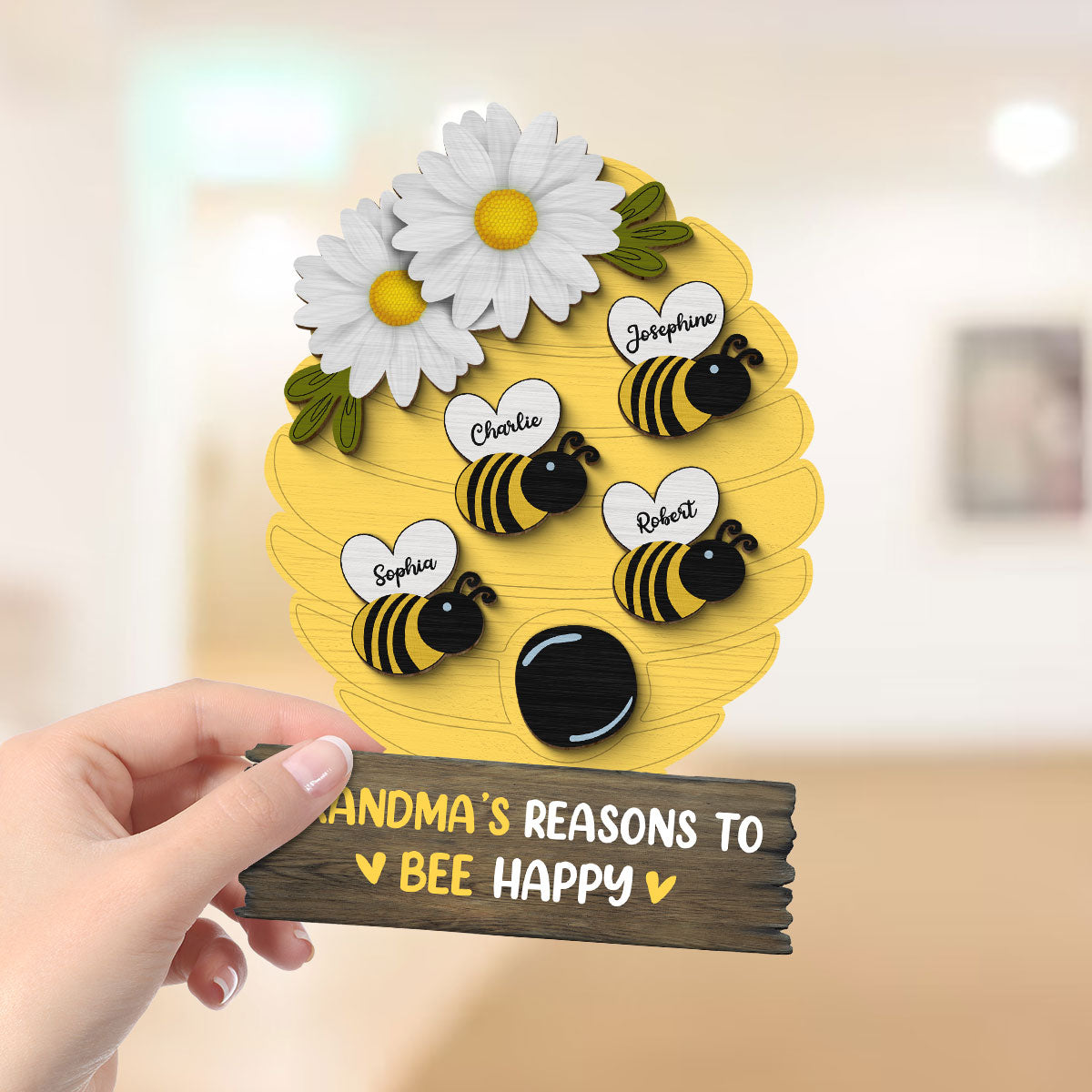 Grandma Mom Reason To Bee Happy Honey Bees Personalized 2-layer Wooden Plaque