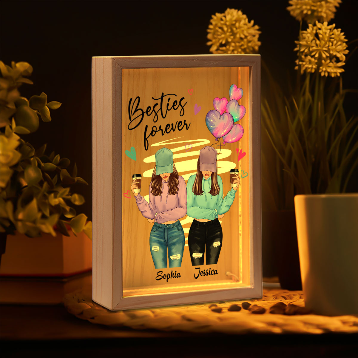 Besties Forever Front View Besties Personalized Wooden Frame Light Box