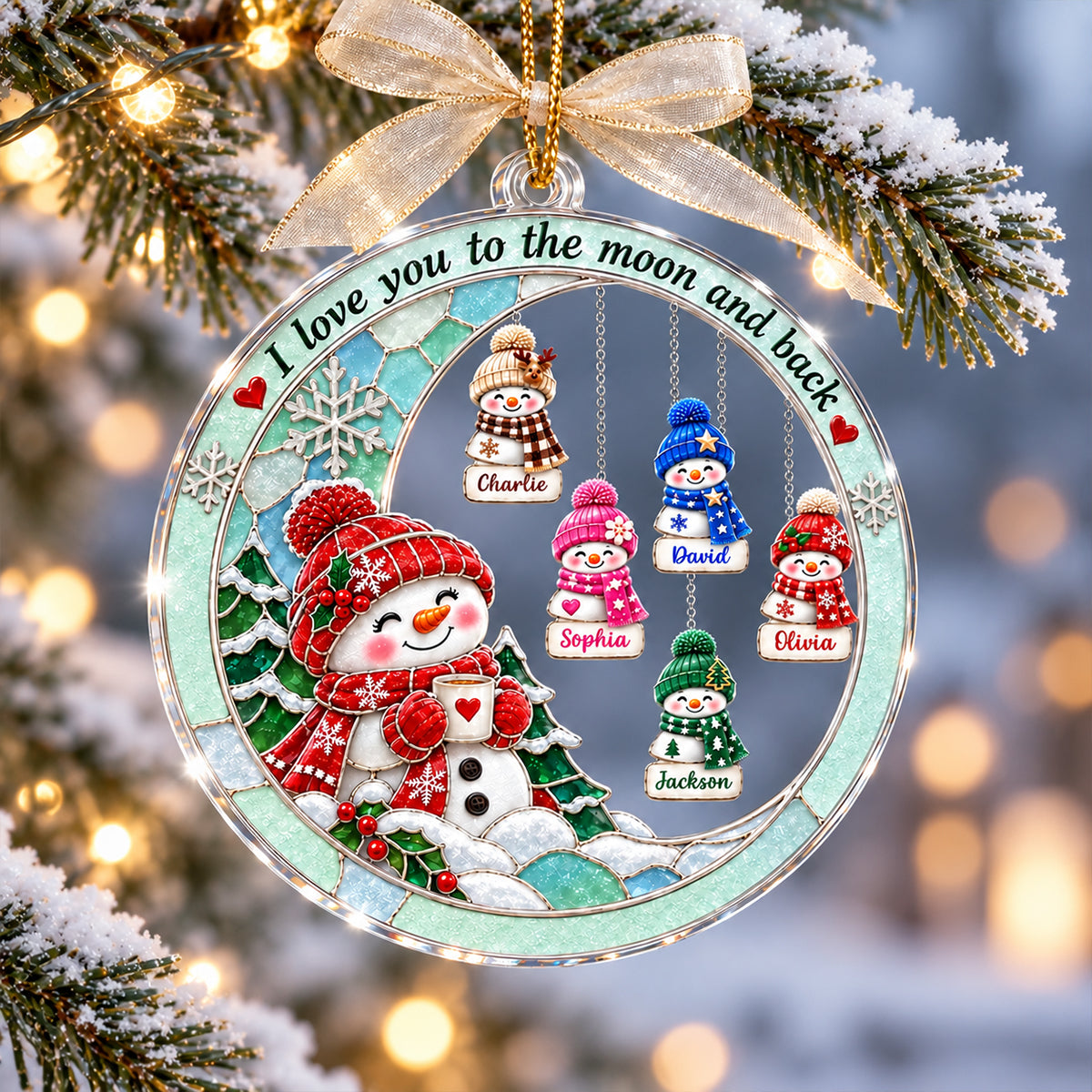 Snowman Grandma Grandkids Love to the Moon and Back - Personalized Acrylic Ornament - Christmas Gift for Grandma, Grandkids