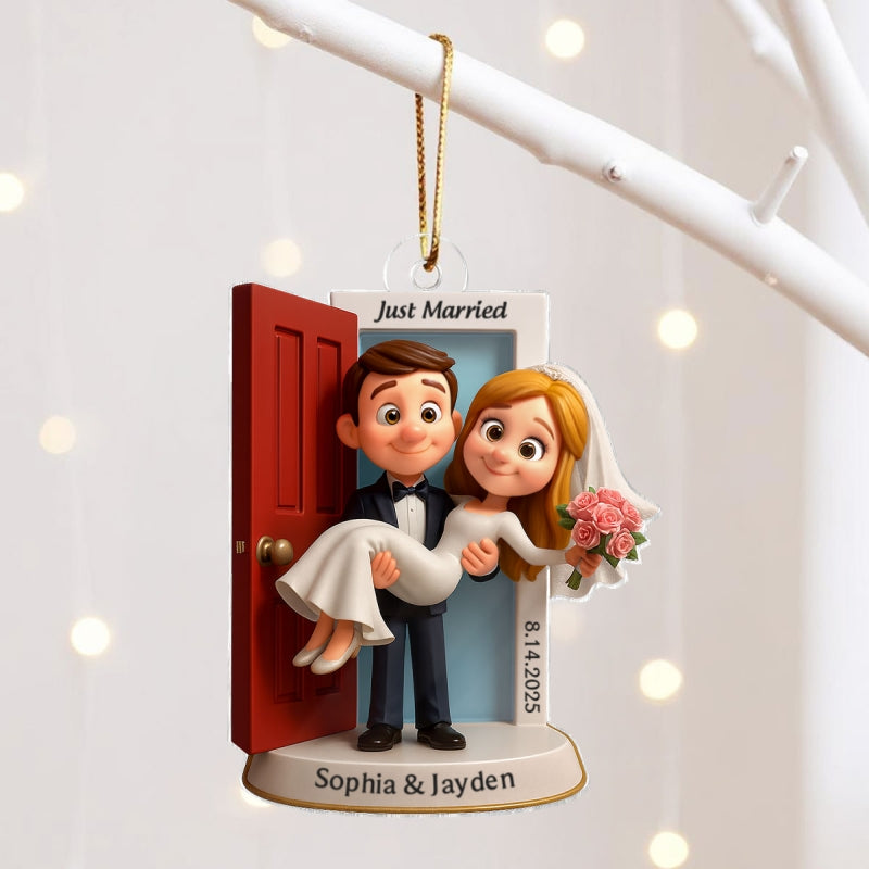 Personalized Our First Christmas Married Ornament | Customized Wedding Couple Threshold, Groom Carrying Bride | Just Married Newlyweds Marriage Keepsake