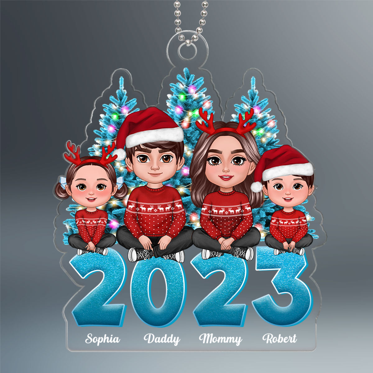 Family Crossed Legs Sitting Christmas Tree Blue Themed 2023 Dad Mom Kids Dogs Cats Personalized Acrylic Ornament