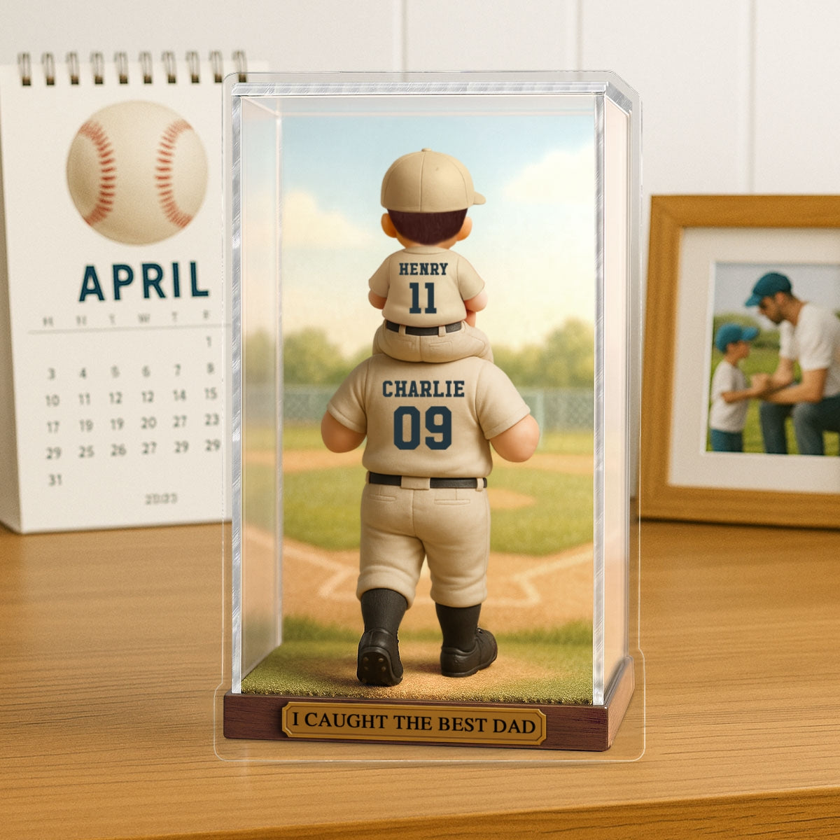 Baseball Dad & Kid In Display 3D Effect Personalized Acrylic Flat Block Plaque