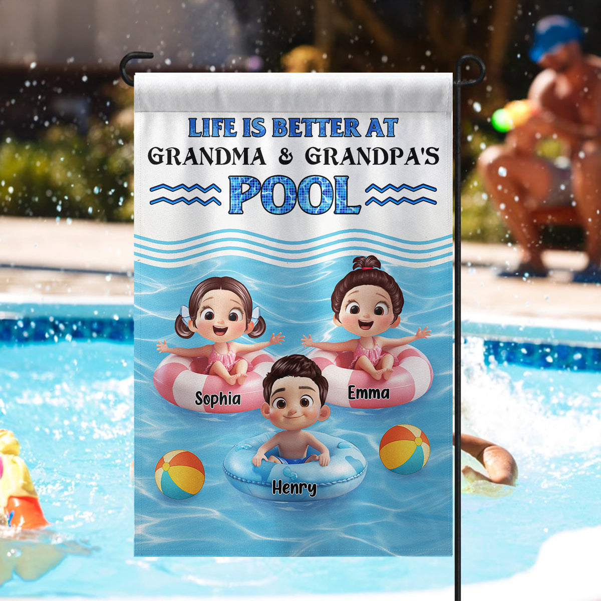 Life is Better at Grandma & Grandpa Pool Personalized Garden Flag, Grandchildren Welcome Flag