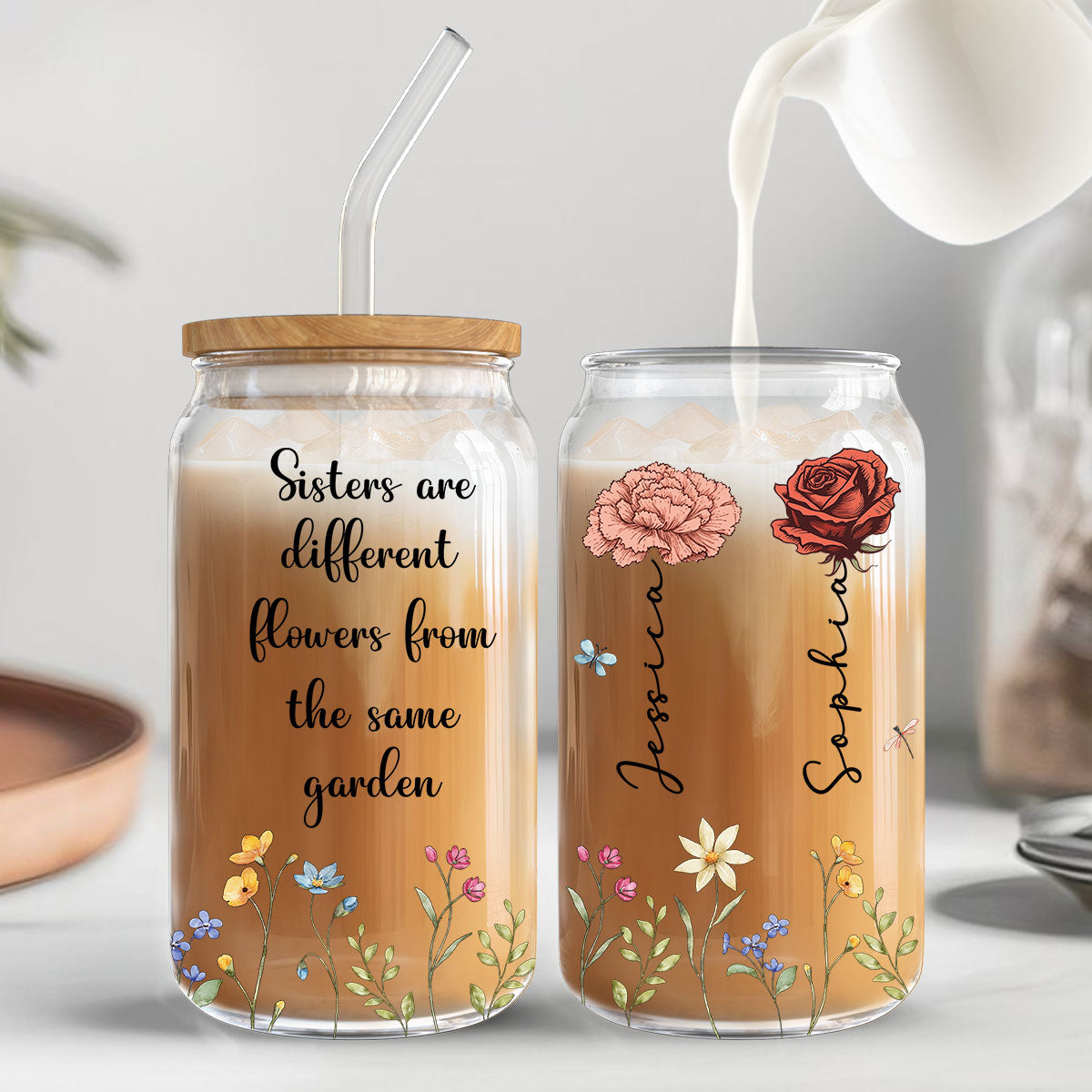 Sisters Are Different Flowers From The Same Garden Personalized Clear Glass Can, Birthday, Christmas Gift For Sisters, Siblings, Besties