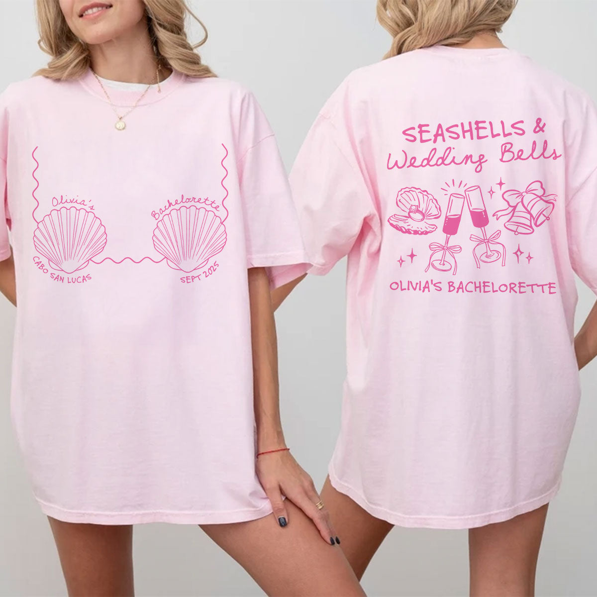 Seashells & Wedding Bells Beach Coastal Bachelorette Party Favors Personalized Matching Shirt