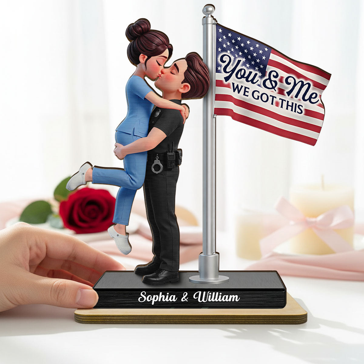 Proud Hero Couple Nation Flag - Personalized 2-Layered Wooden Plaque - Heartfelt Gift For Couple, For Him, For Her, Nurse, Police, Firefighter, Army
