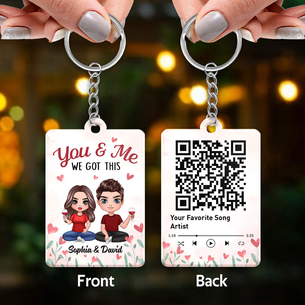 Doll Couple Sitting Flower Hearts Favorite Song QR Code Personalized Acrylic Keychain
