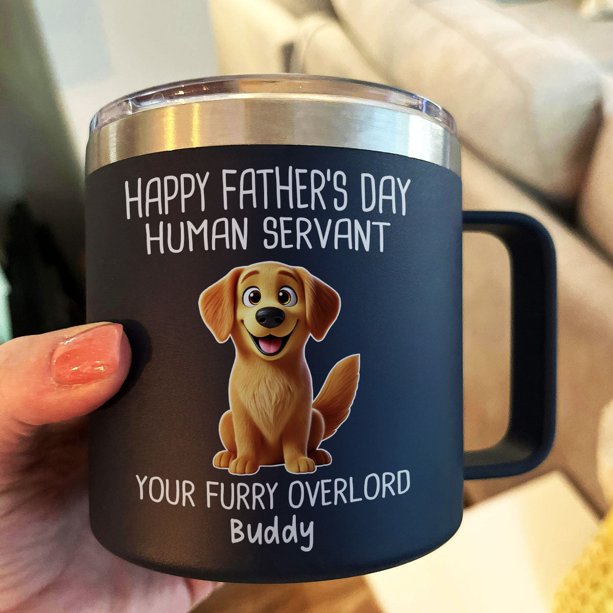 Happy Father's Day Human Servant Cartoon Funny Dogs Personalized Stainless Steel Tumbler With Handle