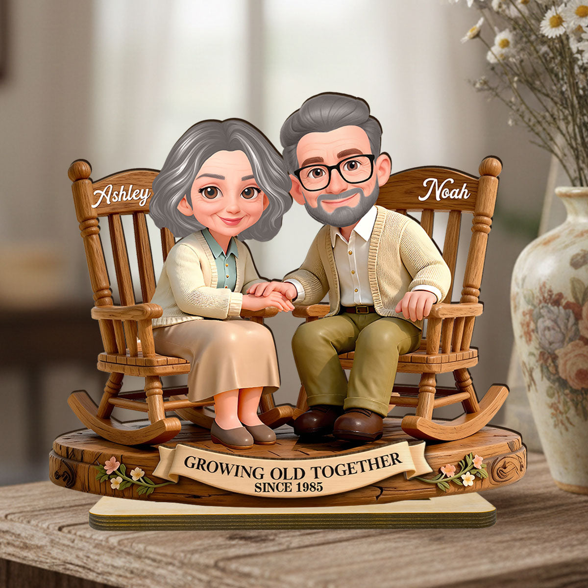 Eternal Love Couple On Rocking Chairs Growing Old Together - Personalized 2-Layer Wooden Plaque - Heartfelt Valentine's Day, Anniversary Gift For Couple, Gift For Him, For Her