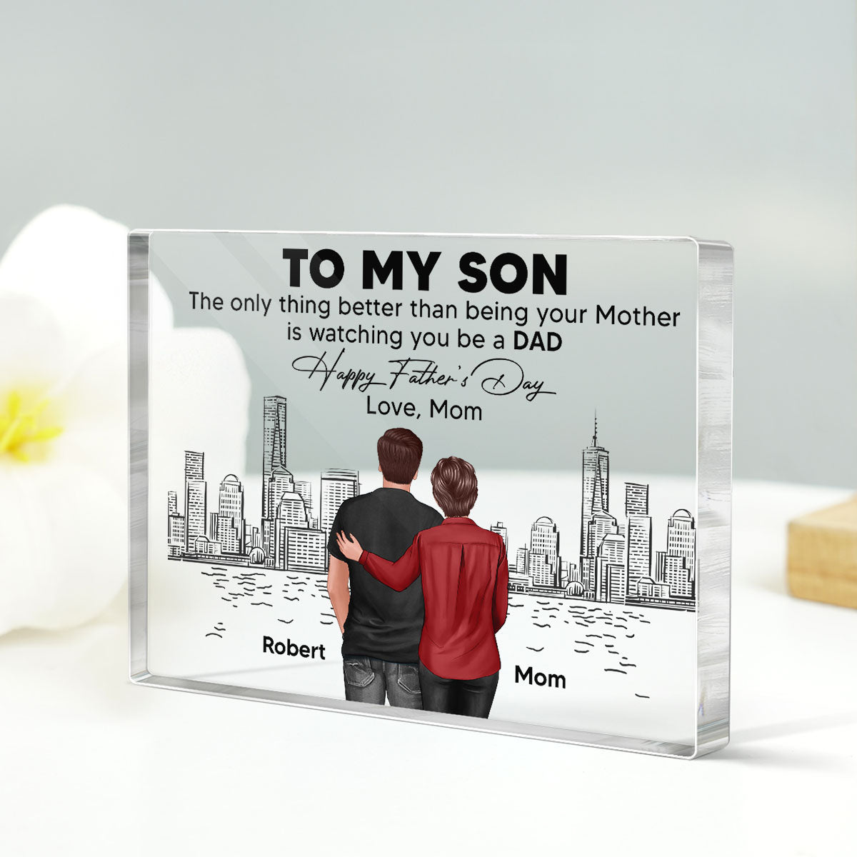 To My Son From Mom Happy Father's Day Skyline Personalized Rectangle Acrylic Block Plaque