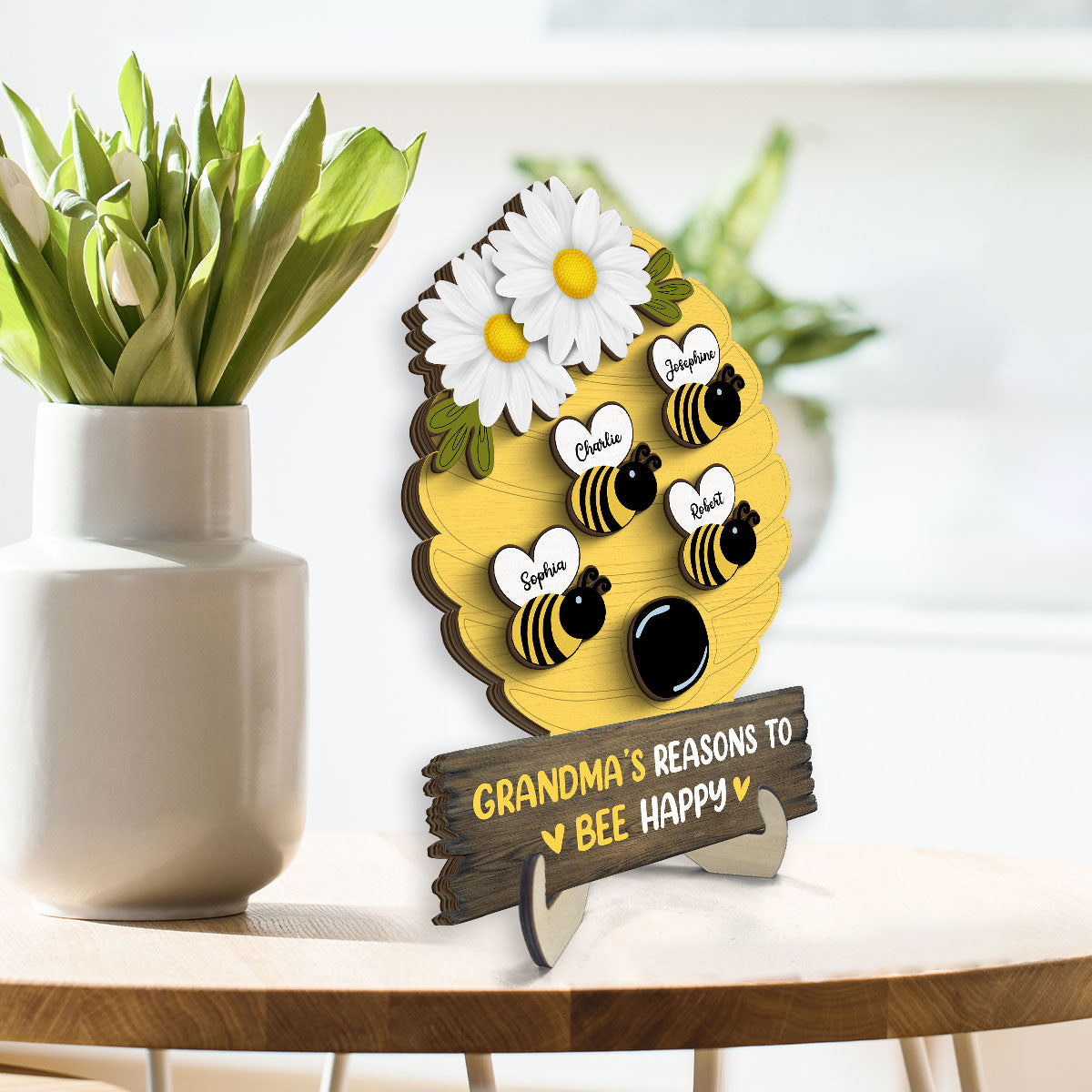 Grandma Mom Reason To Bee Happy Honey Bees Personalized 2-layer Wooden Plaque