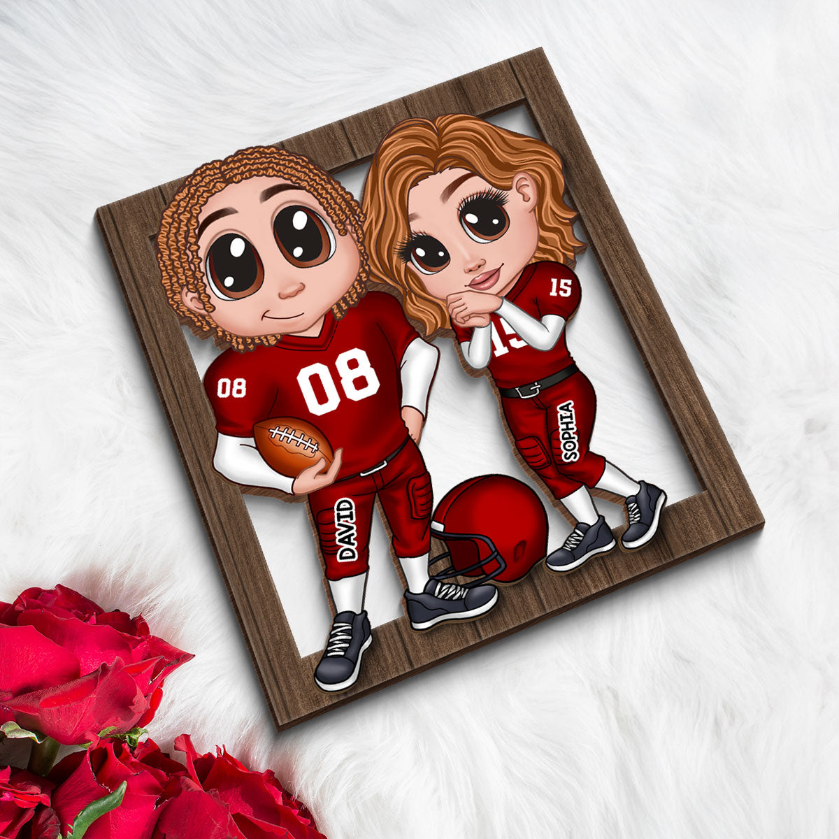 American Football Couple Y2K Style Frame Personalized 2-Layer Wooden Plaque,  Gift For Couples