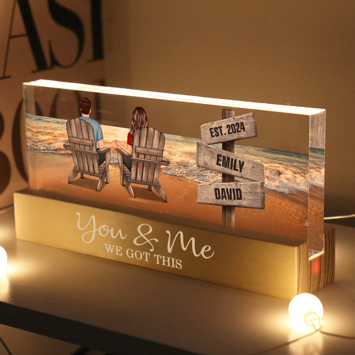 Romantic Beach Landscape Couple Sitting Holding Hands Sign Posts Personalized Acrylic Block LED Night Light, Heartfelt Gift For Couple, For Him, For Her, Boyfriend, Girlfriend, Husband, Wife