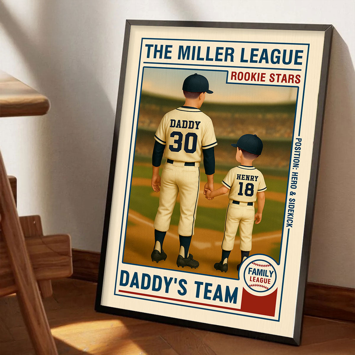 Family League Daddy's Team No. 1 Dad Man & Kids Baseball Retro Personalized Poster, Father's Day Gift for Dad, Gift for Husband