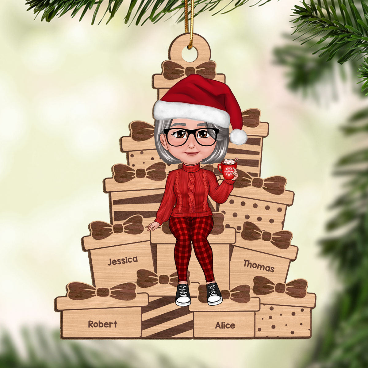Grandma Mom Sitting On Christmas Gifts Personalized Wooden Ornament