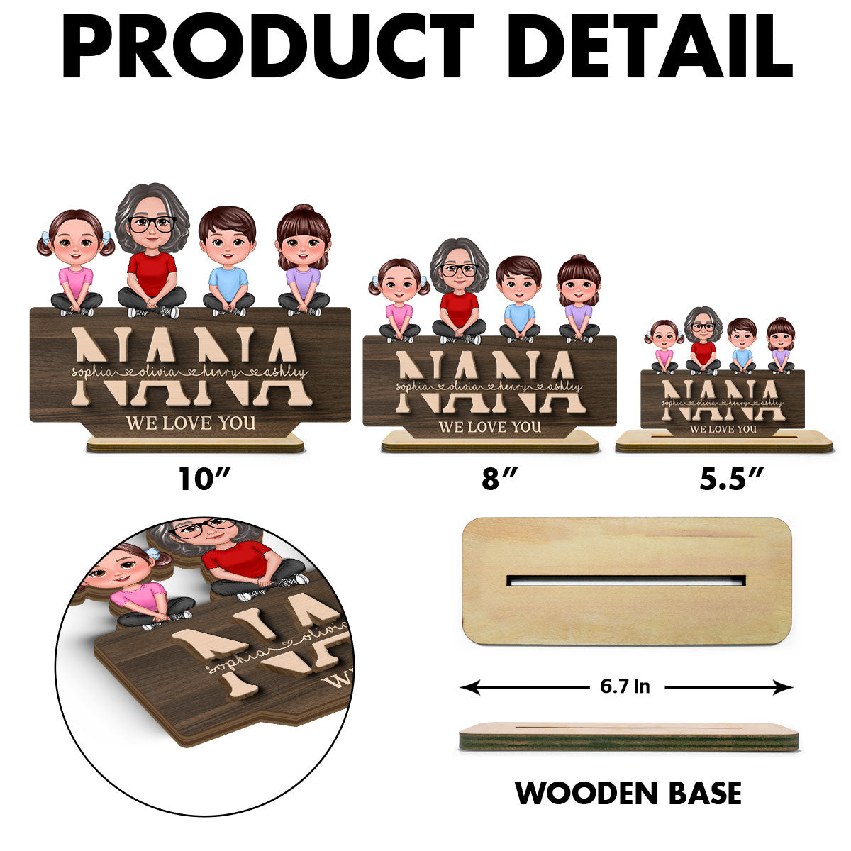 Mom Grandma We Love You Mother & Children Sitting On Word Personalized 2-Layer Standing Wooden Plaque