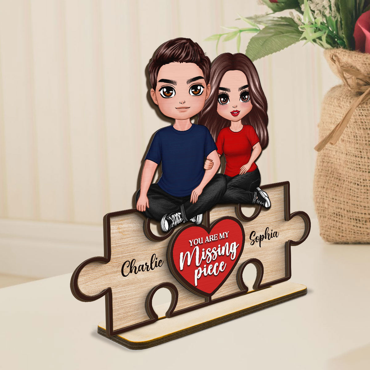 Couple Sitting On Puzzle Pieces You Are The Missing Piece To My Heart Personalized 2-Layer Standing Wooden Plaque, Heartfelt Gift For Couple, For Him, For Her, Boyfriend, Girlfriend, Husband, Wife