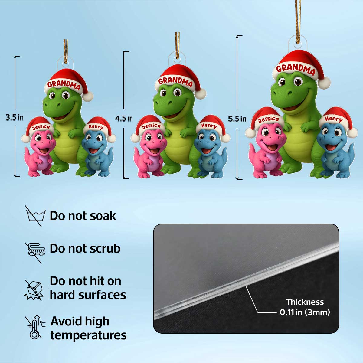 3D Effect Cute Christmas Dinosaur Grandmasaurus And Grandkids - Personalized Acrylic Ornament - Gift For Grandkids, Grandmas