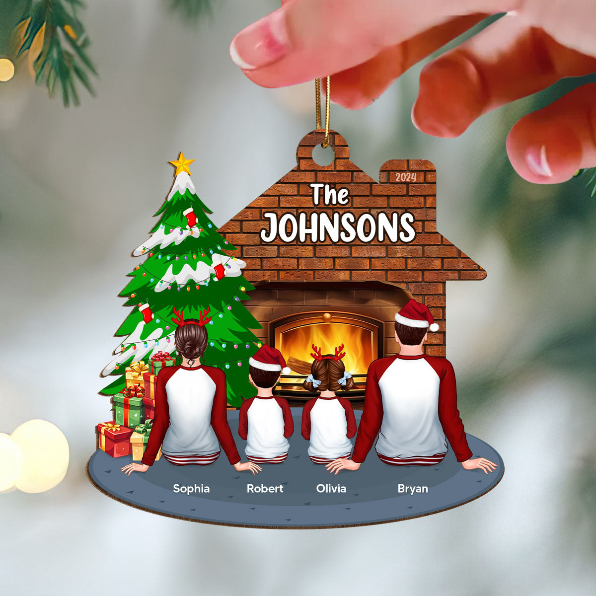 Pajamas Whole Family Sitting At Fireplace Personalized Wooden Ornament