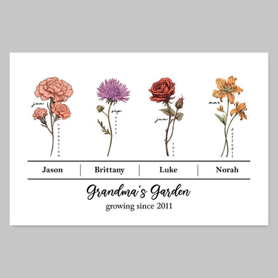 Vintage Birth Month Flowers Grandma‘s Garden With Kids Names Flowers Names Personalized Horizontal Poster