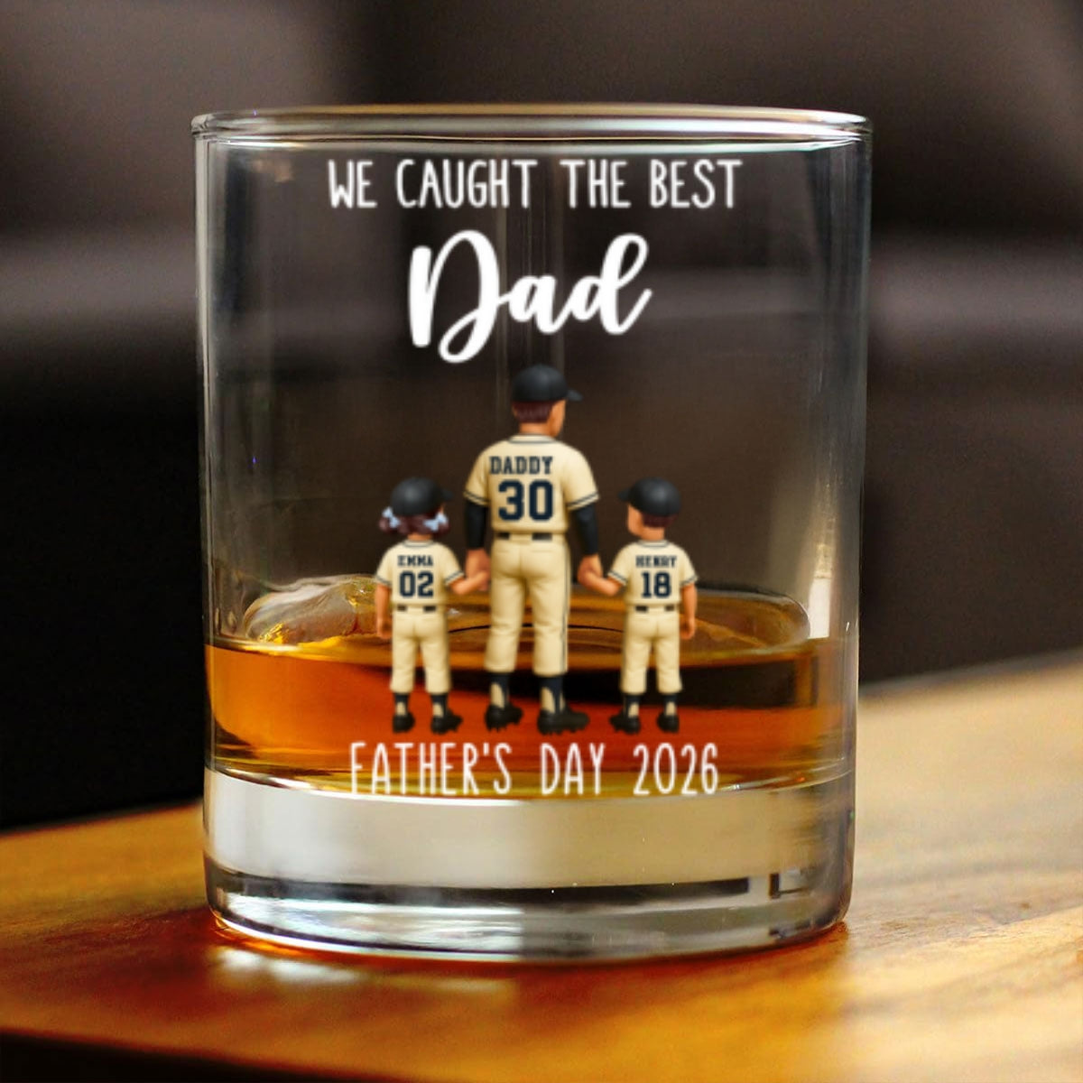 We Caught The Best Dad Baseball Personalized Whiskey Glass, Dad And Kids Holdhing Hands, Father's Day Gift for Dads