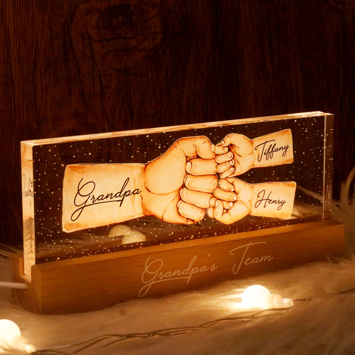 Grandpa's Team Fist Bump Personalized Acrylic LED Night Light, Father's Day Gift For Grandpa