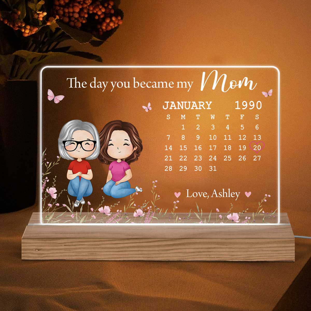 The Day You Became My Mom Calendar Doll Woman Watercolor Personalized Horizontal Rectangle Acrylic Plaque With LED Night Light