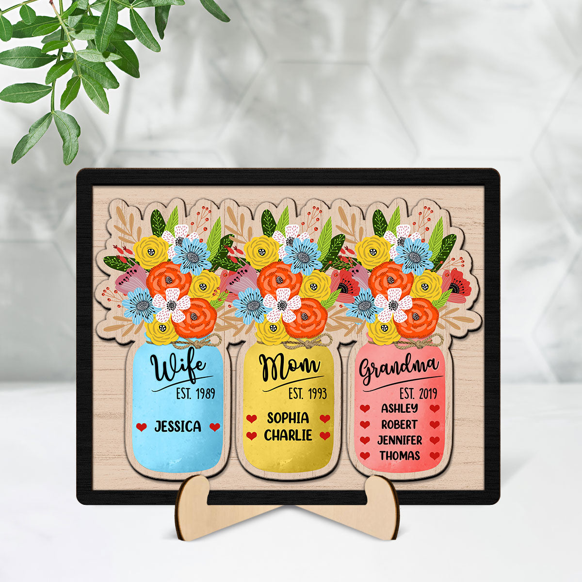 Wife Mom Grandma Flowers Jar Personalized Heart 2-layer Wooden Plaque
